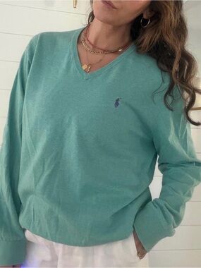 Vintage Ralph Lauren Men’s Cashmere Blend V-Neck Sweater in Teal/Turquoise - XL